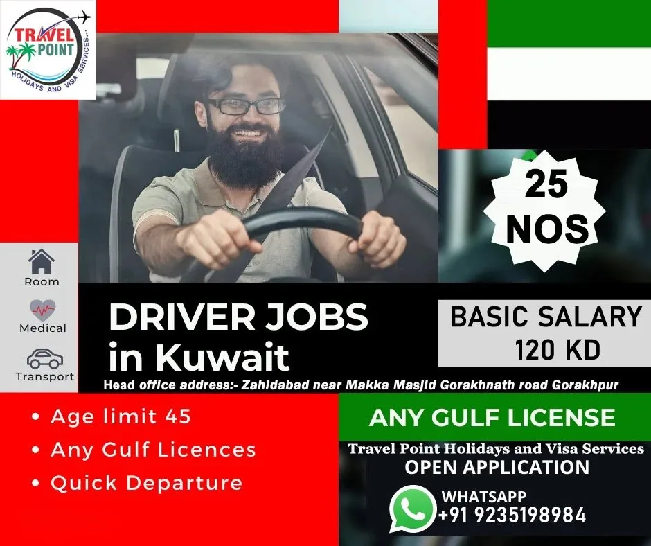 Travel Point recruitment poster: Driver jobs in Kuwait, 25 vacancies, basic salary 120 KD